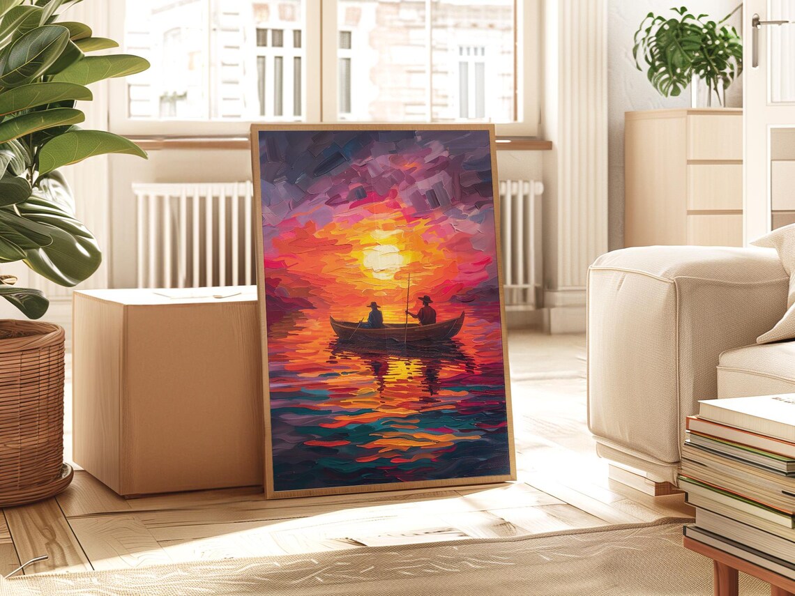 Two Fishermen In A Canoe At Sunset On A Fiery Impasto Ocean Poster - Image 3