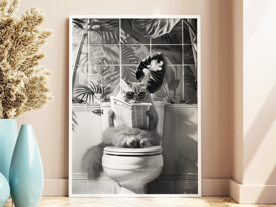 Black and White Bathroom Cat Poster, Funny Decor - Image 3
