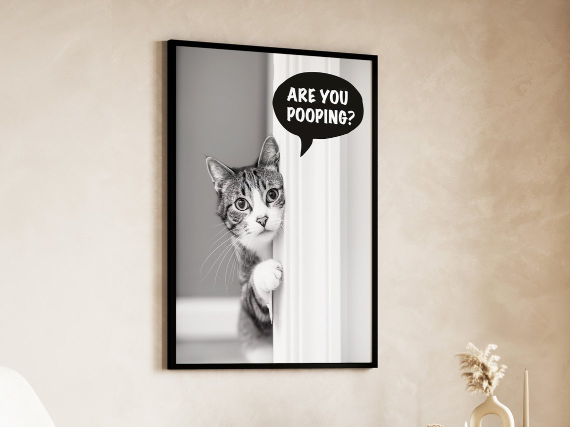 Are You Pooping Funny Tabby Cat Peeking Bathroom Humor Poster - Image 5