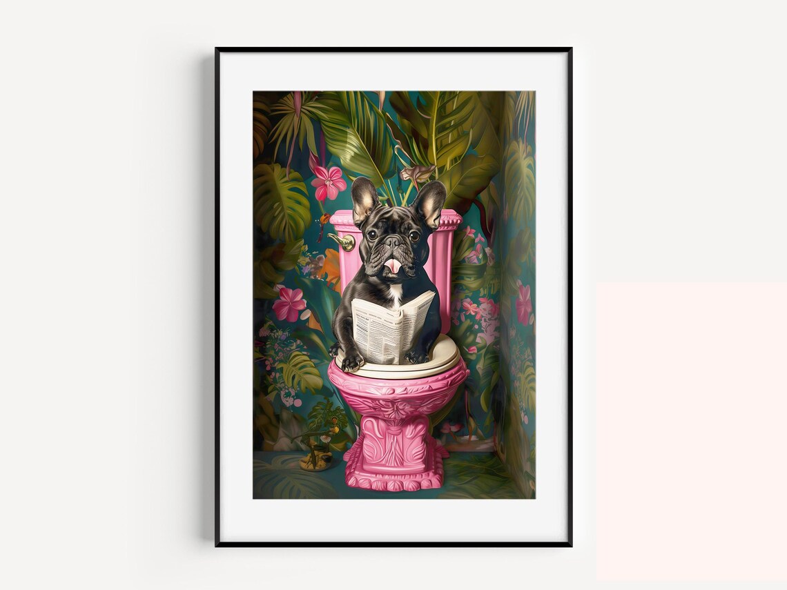 French Bulldog Reading Newspaper Pink Toilet Funny Dog Poster - Image 4