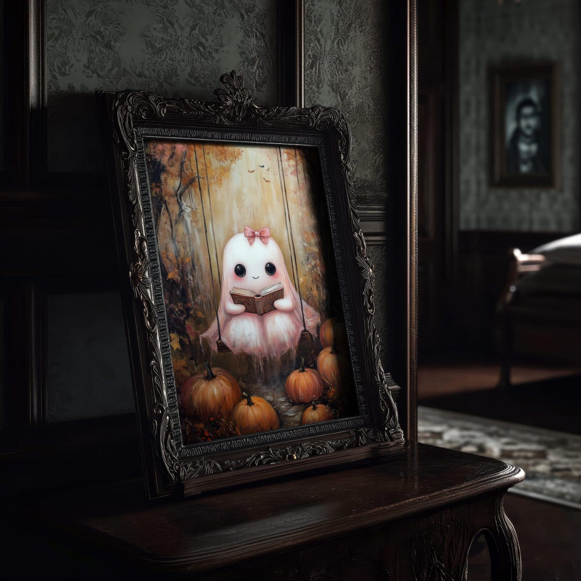 Cute Pink Ghost Reading on Swing Fall Pumpkin Patch Art Poster - Image 6