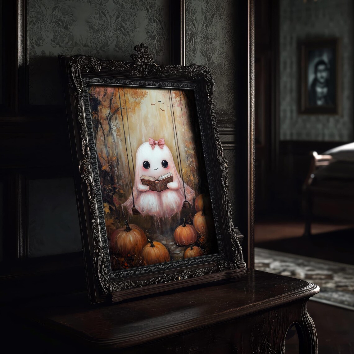 Pink Ghost Reading Art Print Cute Halloween Wall Decor Cozy Fall Book Lover Print Autumn Ghostly Art - Image 6