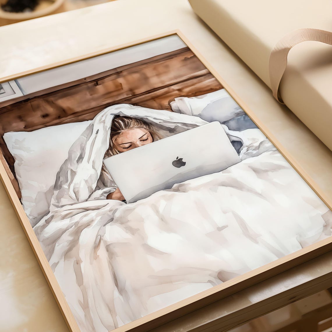 Cozy Woman In Bed With Laptop Work From Home Watercolor Poster - Image 6