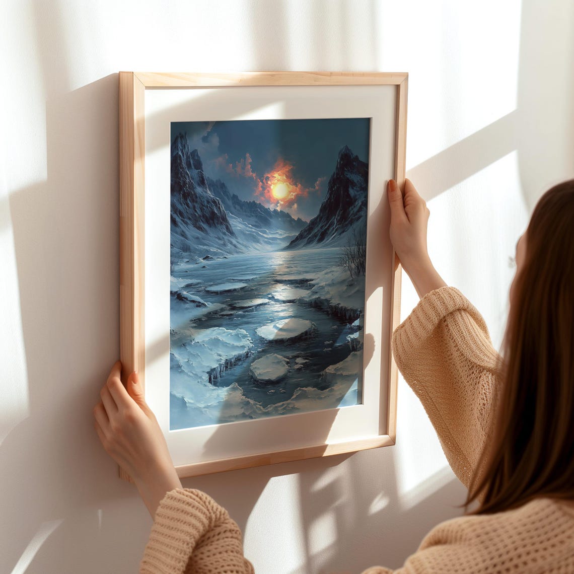 Frozen Mountain Lake at Sunset With Golden Sun Reflection Poster - Image 4