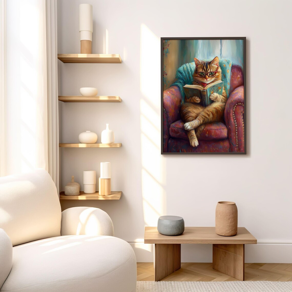 Cozy Cat Reading Art Print, Cute Home Library Decor - Image 4