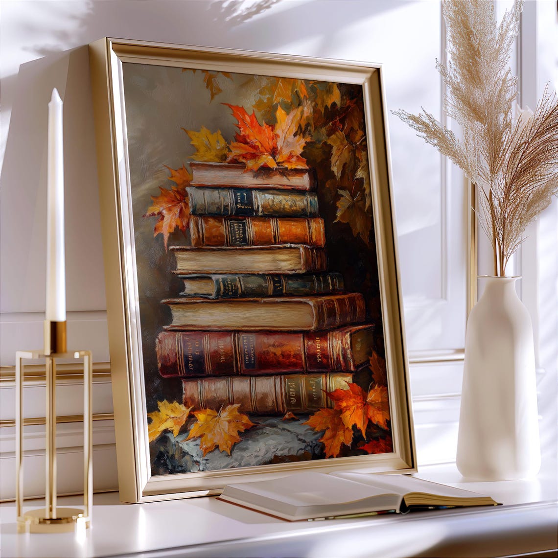 Vintage Stack of Antique Books With Autumn Maple Leaves Poster - Image 4