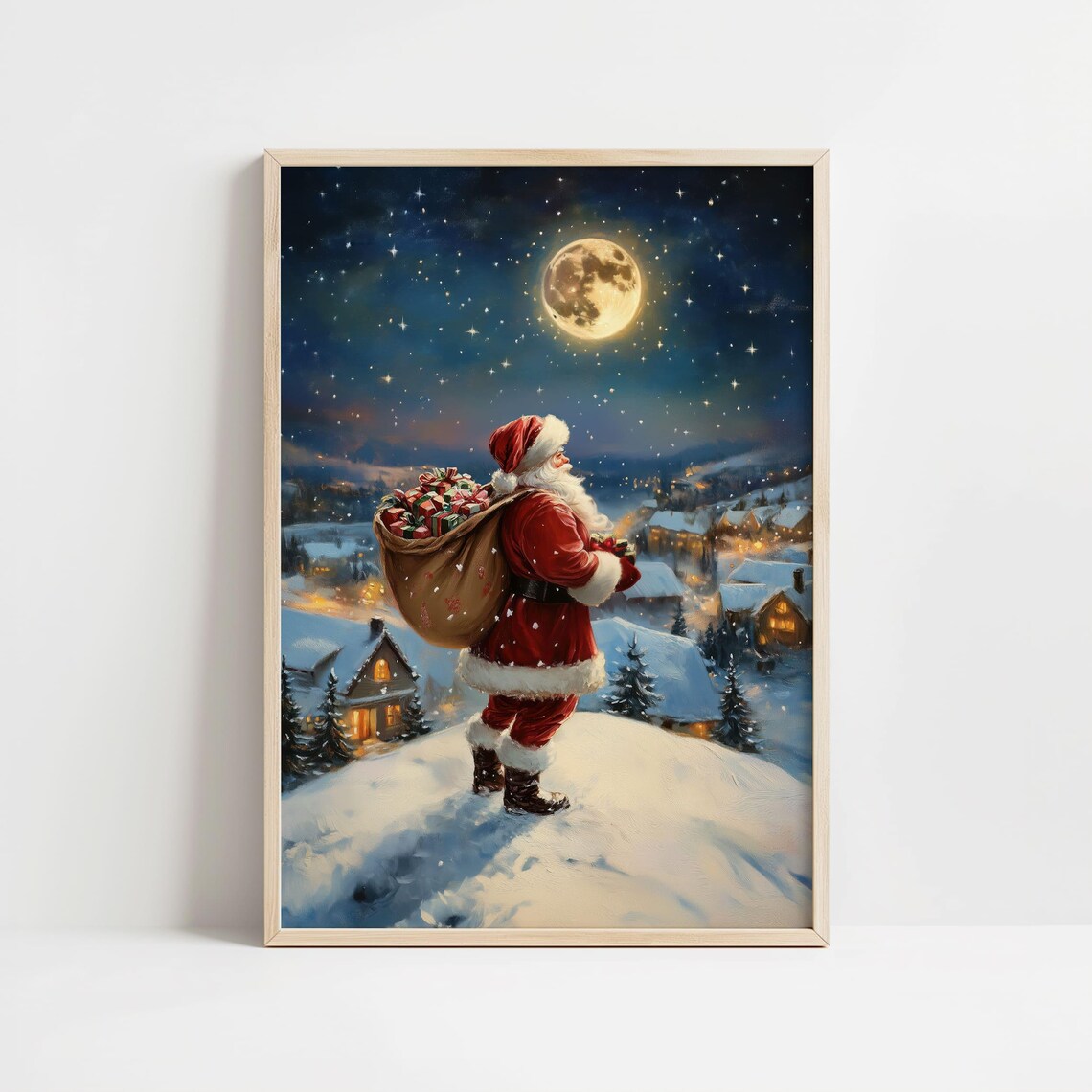 Santa Claus Christmas Night with Full Moon Art Print - Image 8