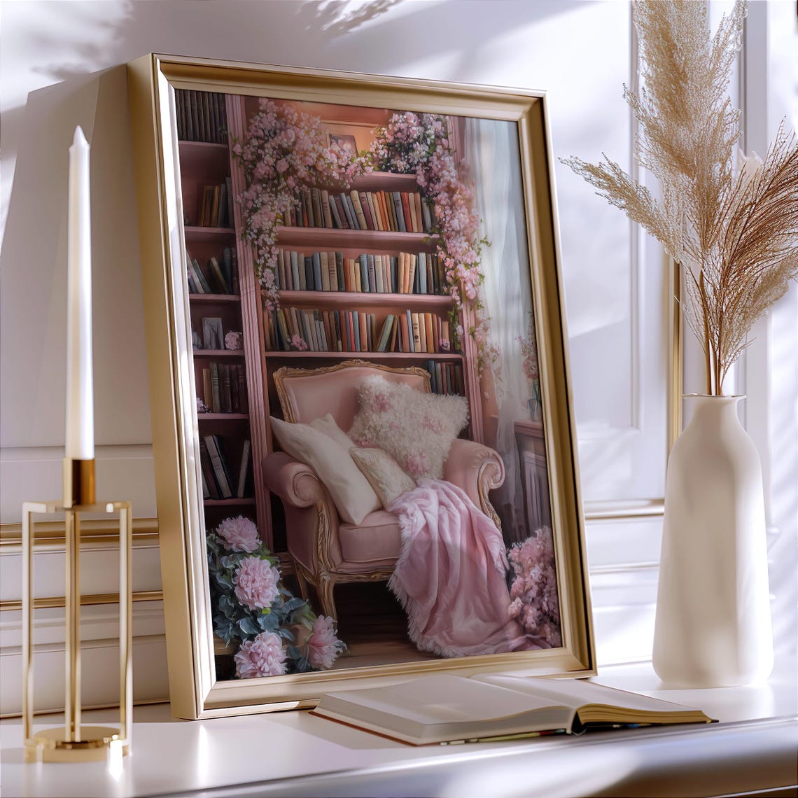 Pink Blush Reading Nook Plush Armchair With Cherry Blossoms Poster - Image 7