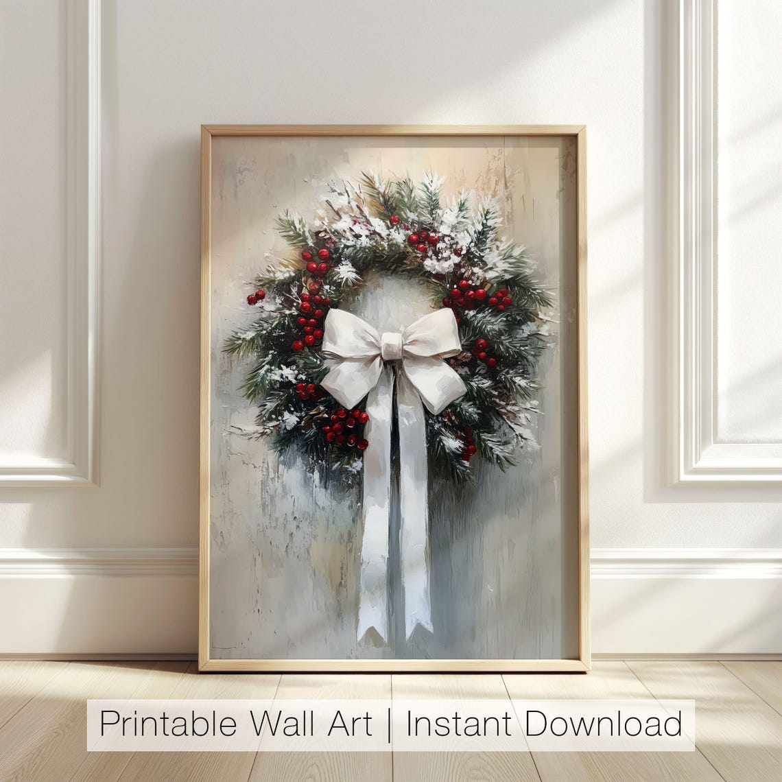Vintage Christmas Wreath White Bow Rustic Holiday Art Poster