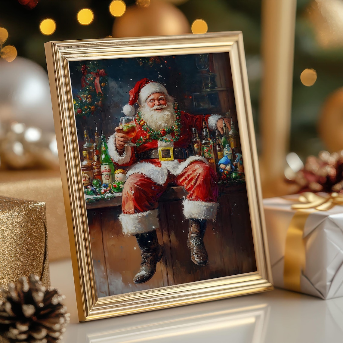 Funny Santa Claus Drinking Art Christmas Print - Image 2