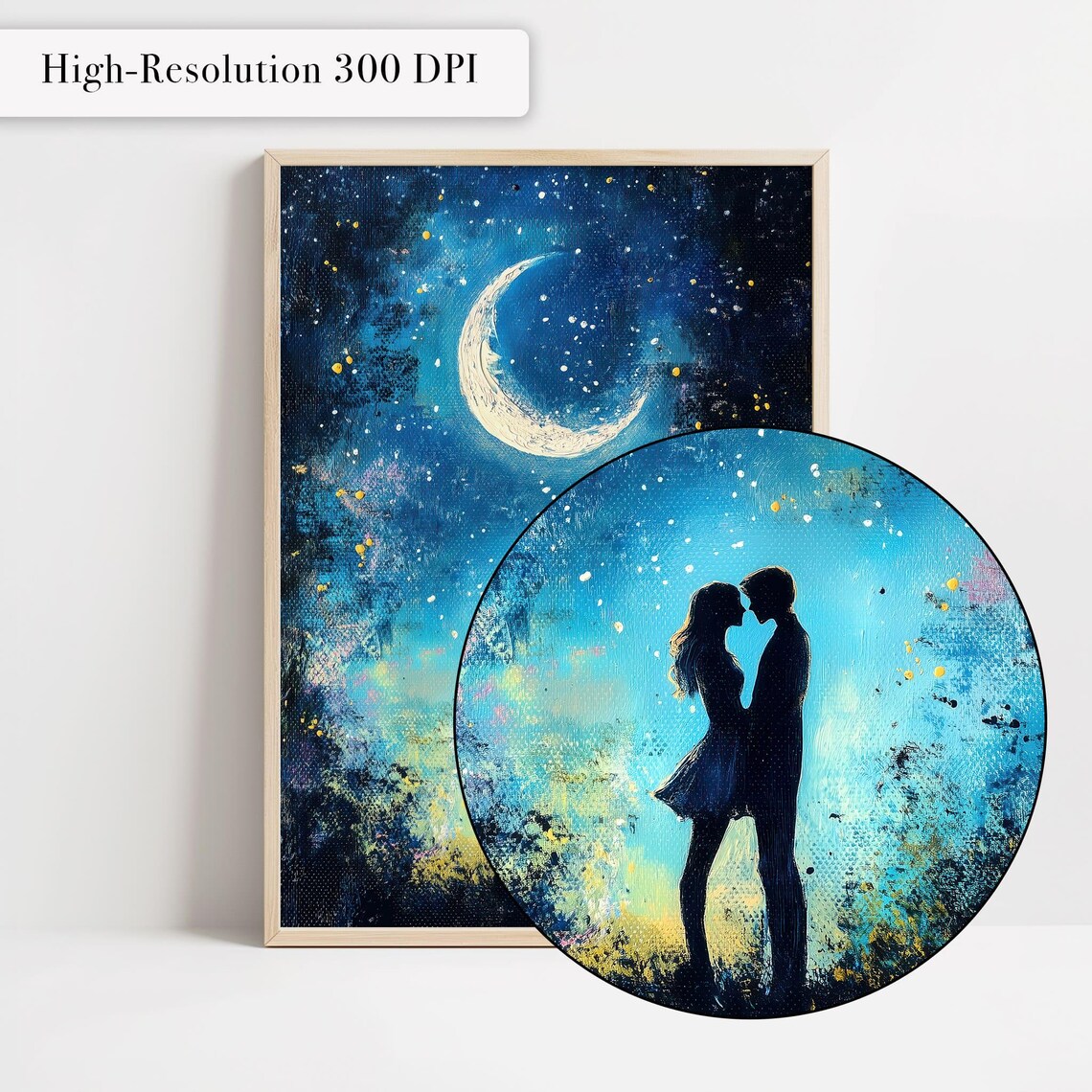 Kissing Couple Silhouette Under Crescent Moon Night Art Poster - Image 4