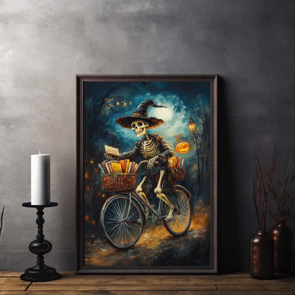 Skeleton Witch Riding Bicycle With Books On Halloween Night Poster - Image 8