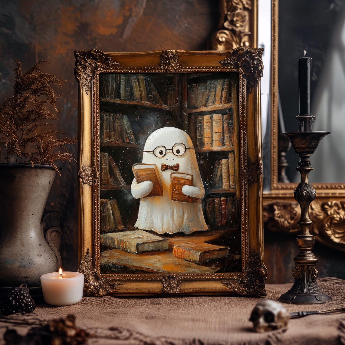 Library Ghost Art Print Cute Bookish Halloween Decor Spooky Ghost Reading Wall Art Cozy Print - Image 7