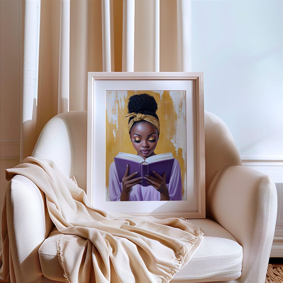 Black Woman Reading Purple Book Golden Background Art Poster - Image 6