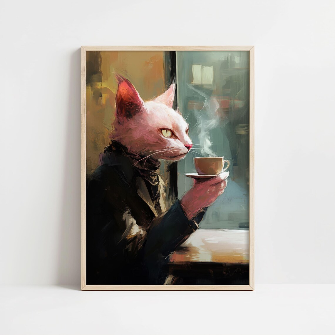 Pink Cat in Suit Drinking Coffee Funny Cafe Animal Wall Poster - Image 8