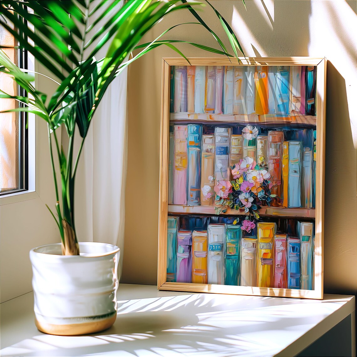 Colorful Book Shelf Art Print, Floral Library Decor - Image 5