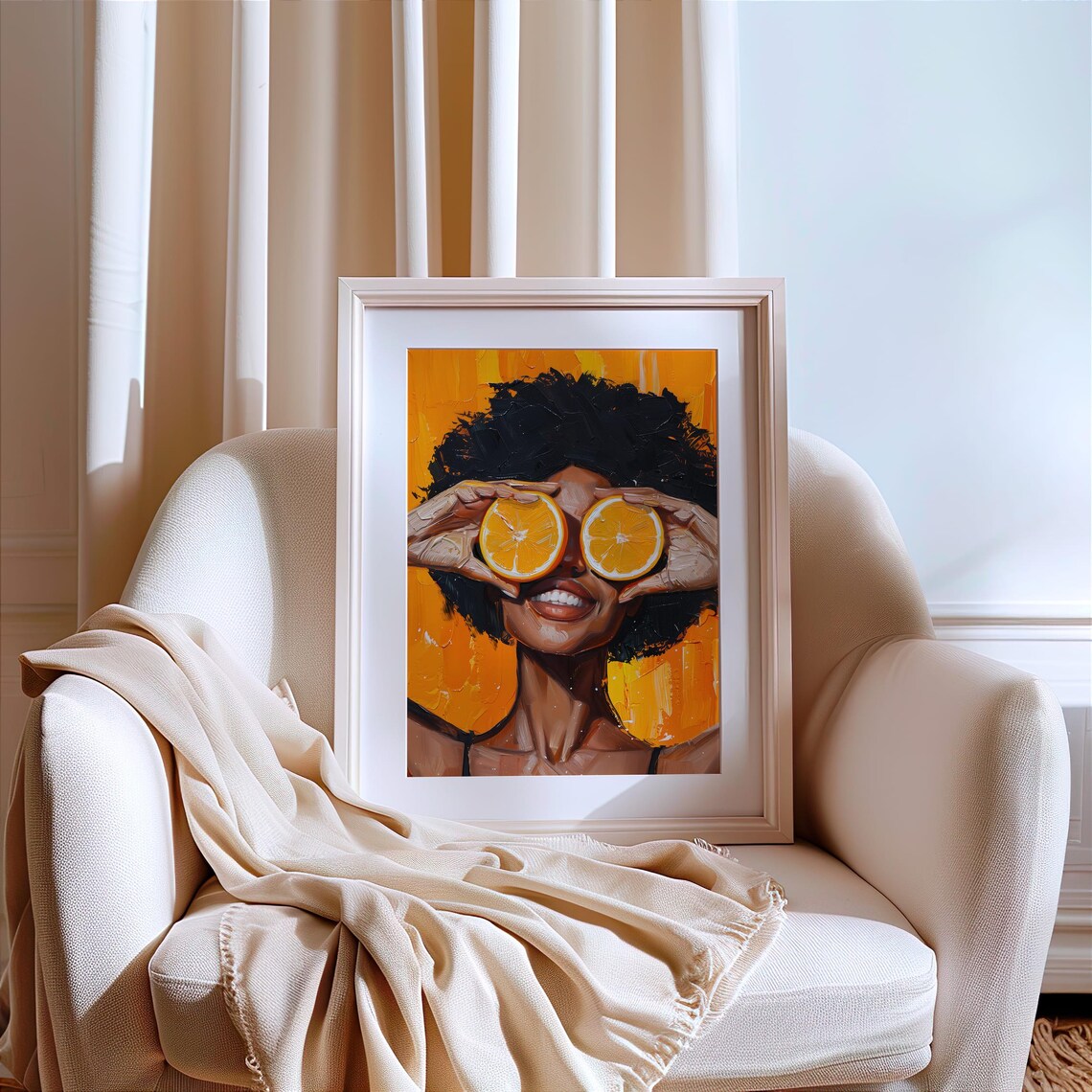 Vibrant Black Woman Holding Orange Slices Over Her Eyes Poster - Image 6