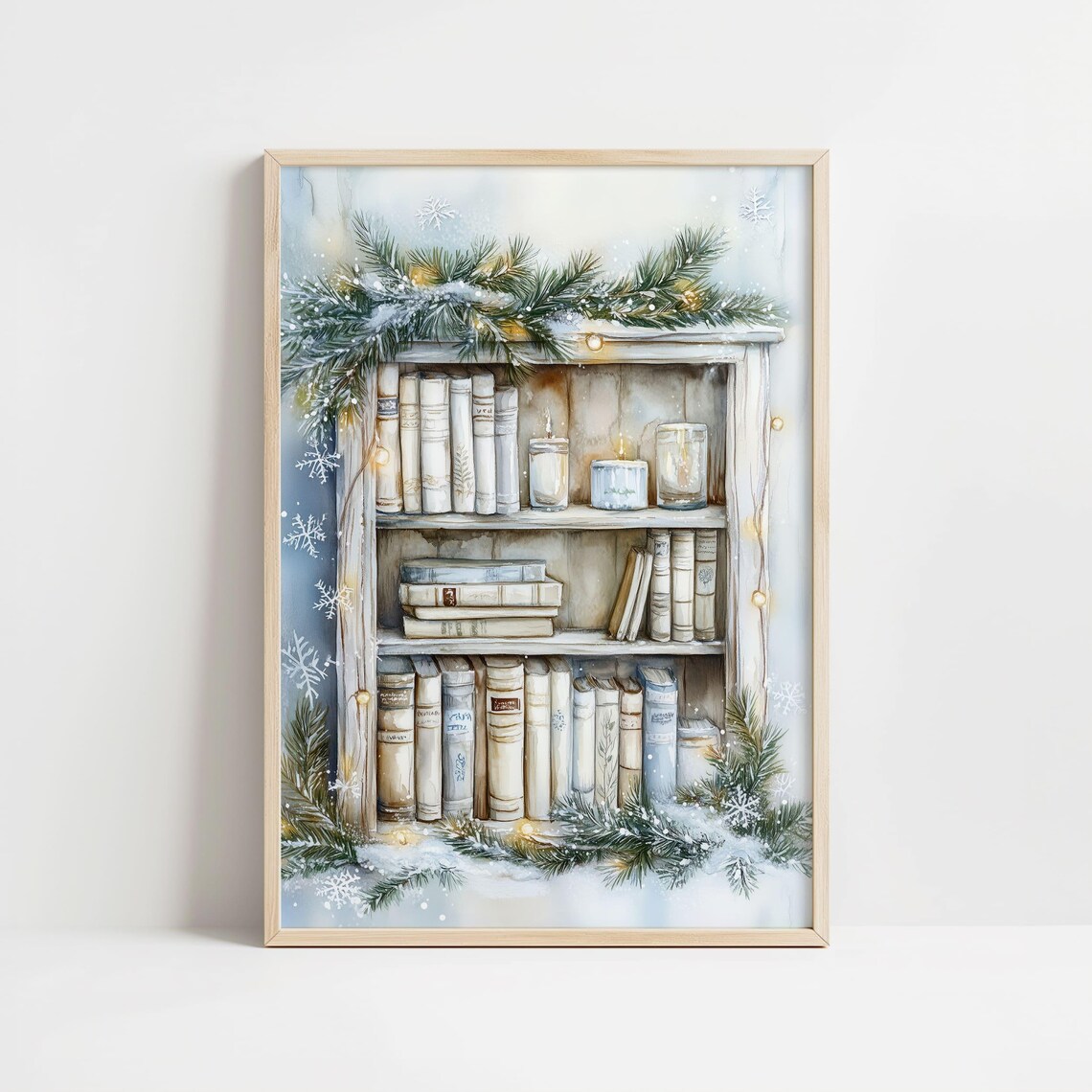 Christmas Bookshelf With Pine Garland Candles and Fairy Lights Poster - Image 8