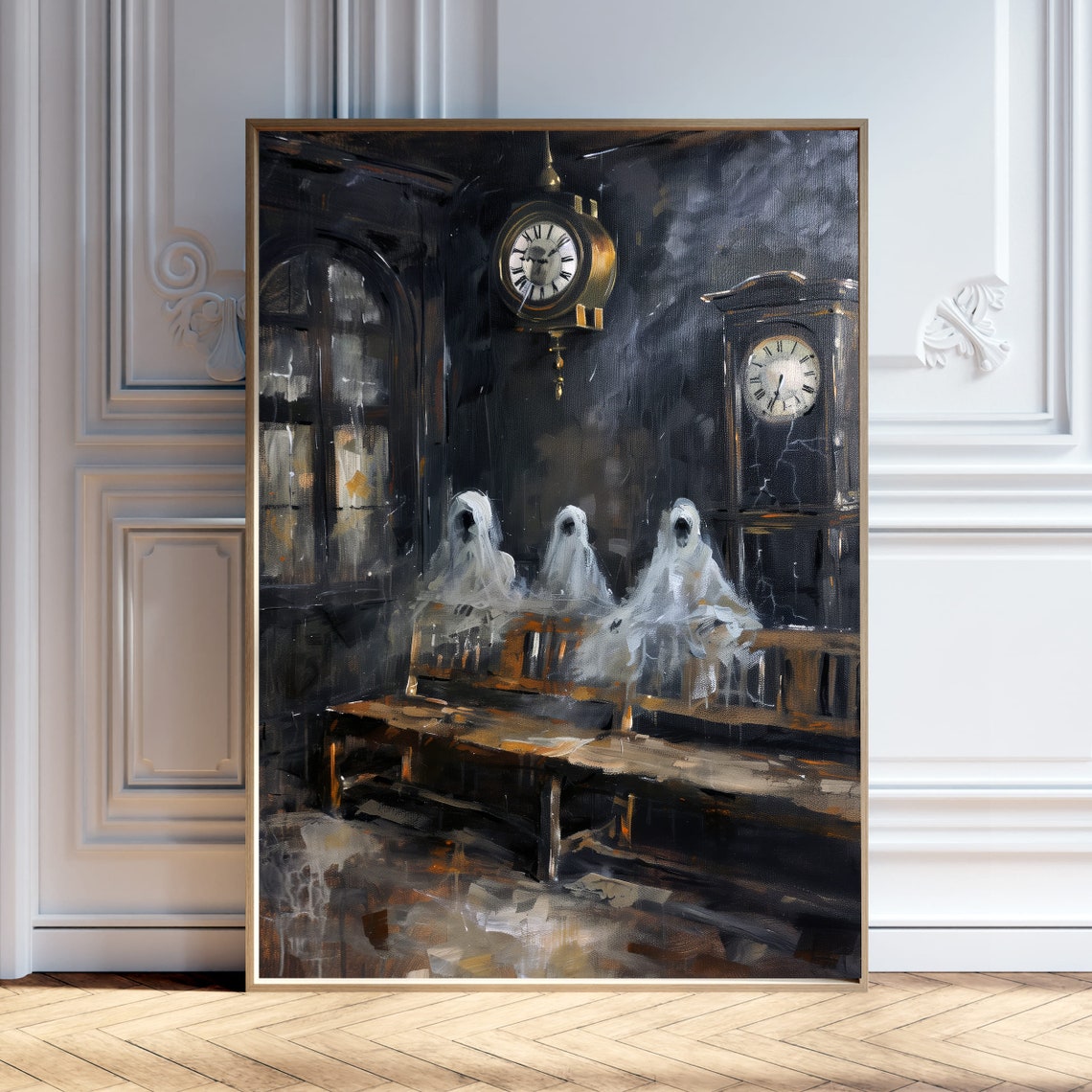 Three Ghosts in Old Waiting Room Clock Dark Gothic Art Poster