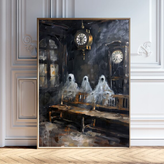 Three Ghosts in Old Waiting Room Clock Dark Gothic Art Poster