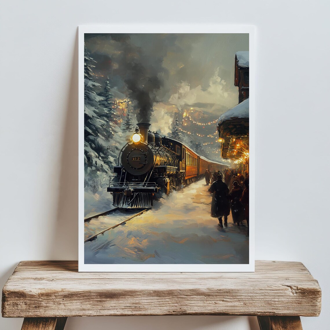 Vintage Steam Locomotive Number 12 Snowy Station Night Poster - Image 8