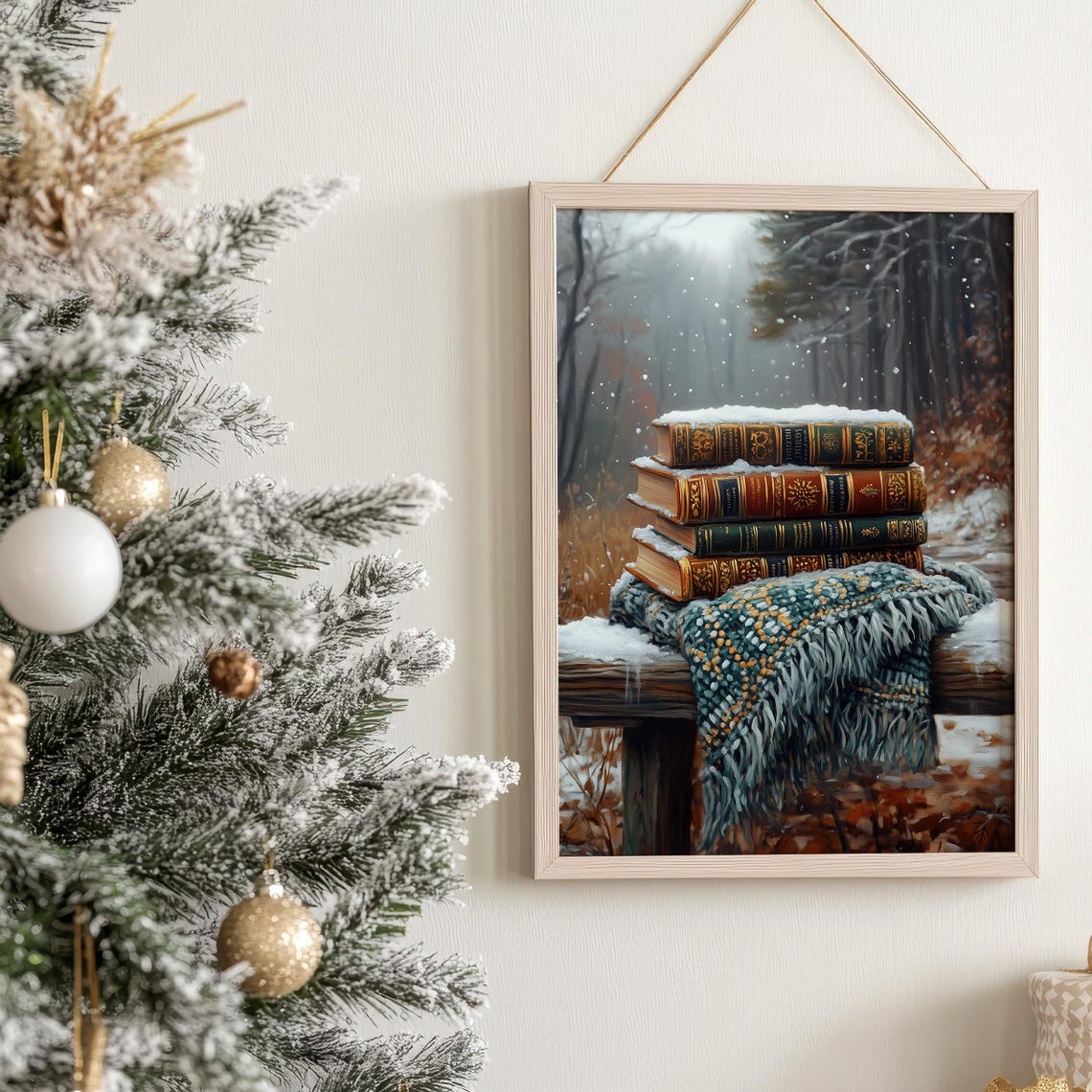 Stack of Vintage Books in Snow on Wooden Bench Winter Forest Poster - Image 3
