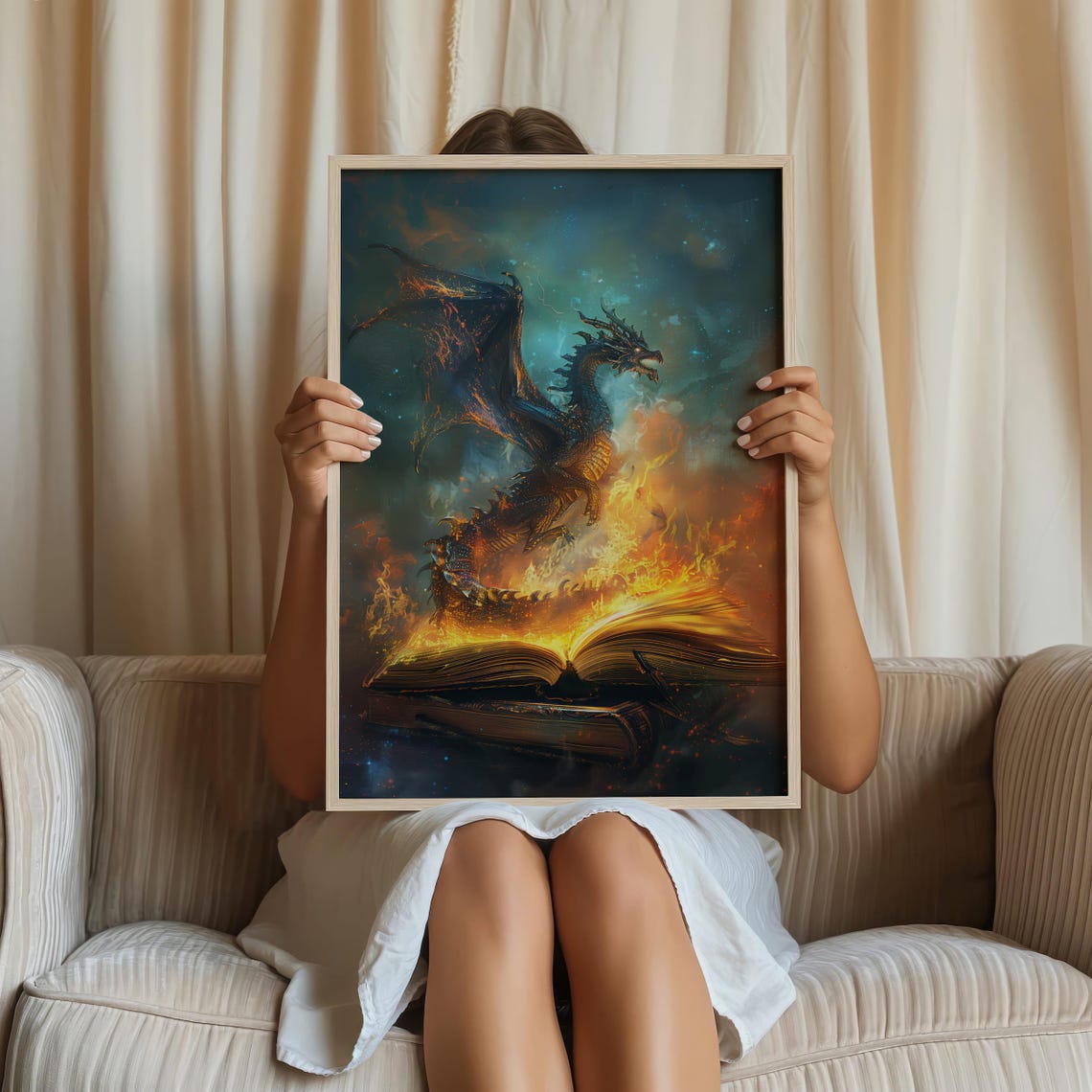 Fiery Dragon Rising From Burning Book Epic Fantasy Art Poster - Image 6