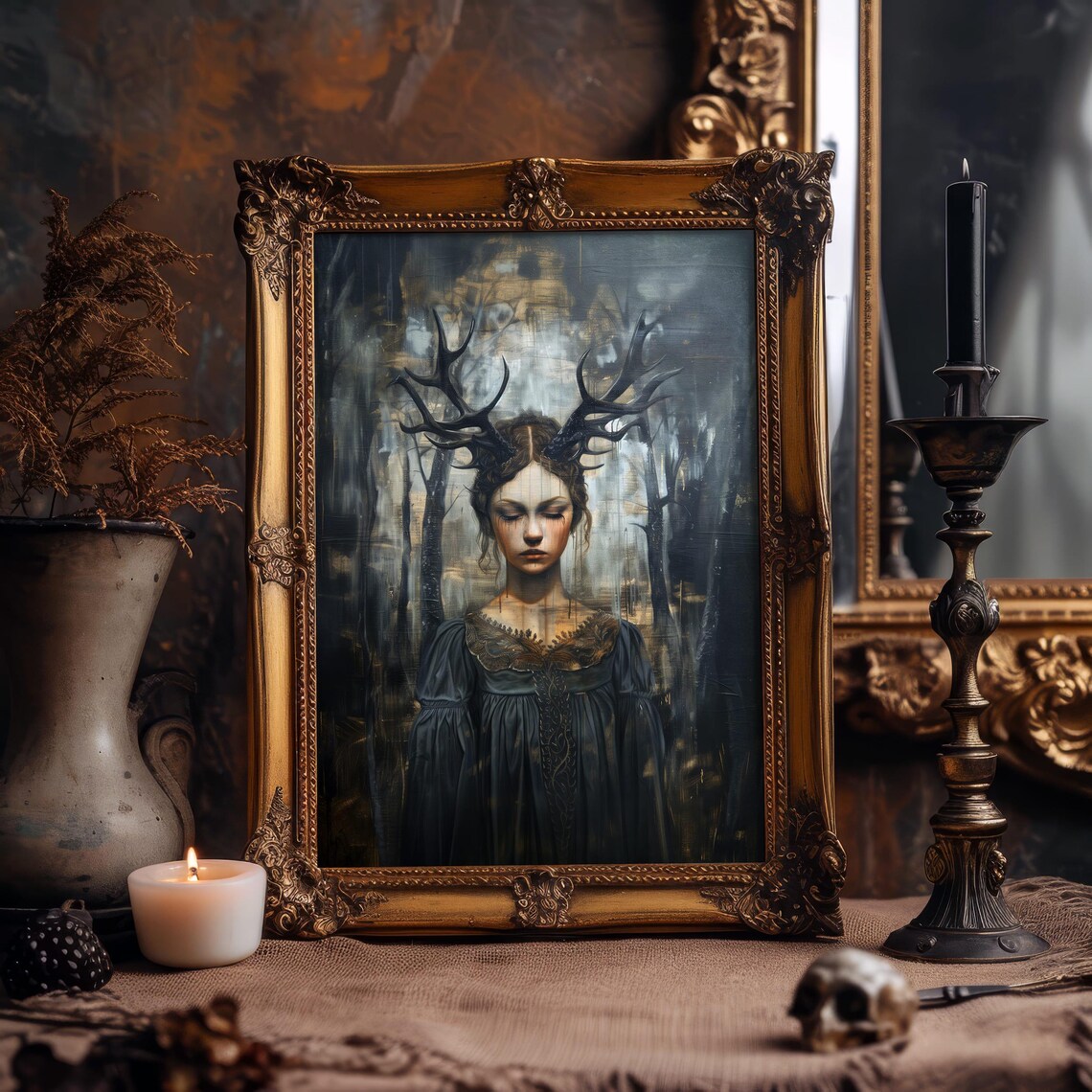 Gothic Antlered Woman Dark Forest Mystery Portrait Art Poster - Image 4