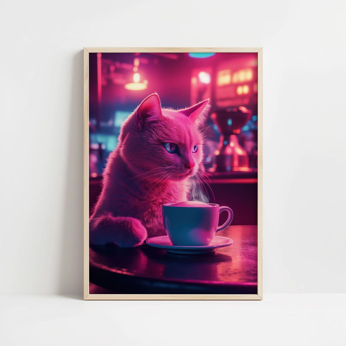 Neon Pink Cat With Coffee Cyberpunk Night Cafe Animal Wall Poster - Image 8