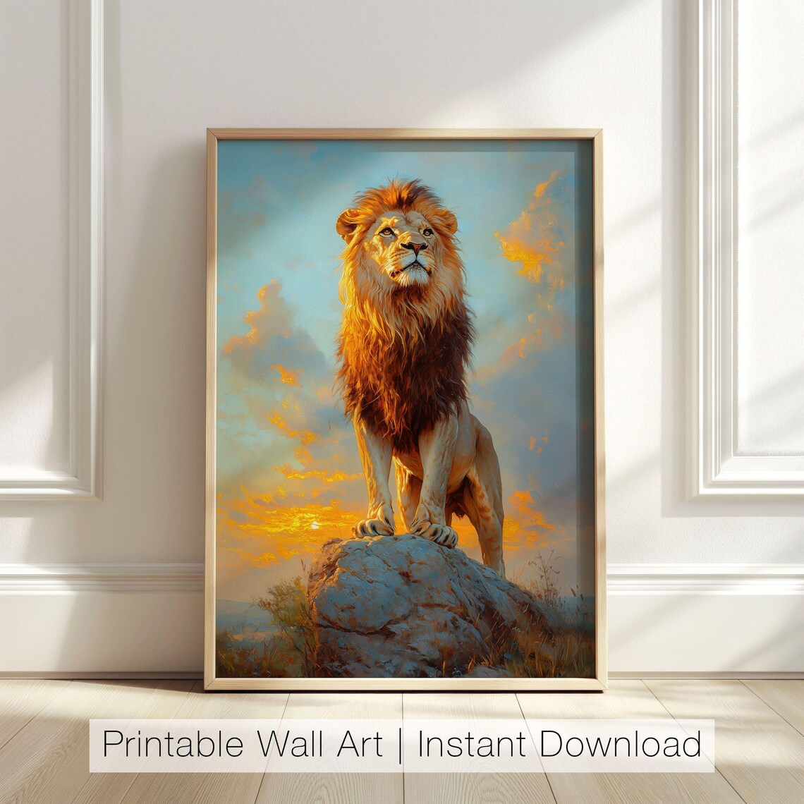 Majestic Lion Standing Rock Sunset Golden Mane Wildlife Portrait Poster