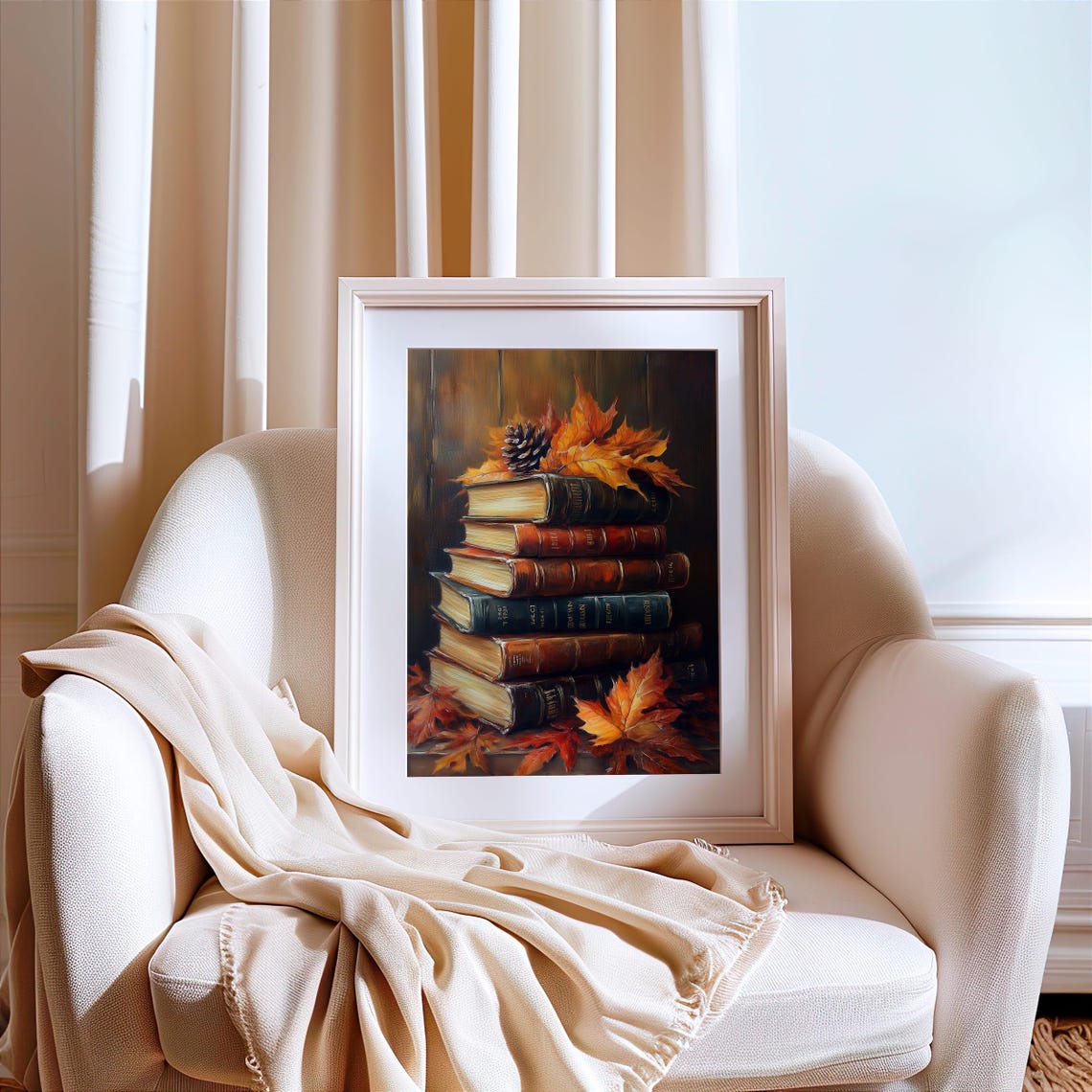 Vintage Autumn Book Stack Painting Fall Leaves Cozy Art Poster - Image 2