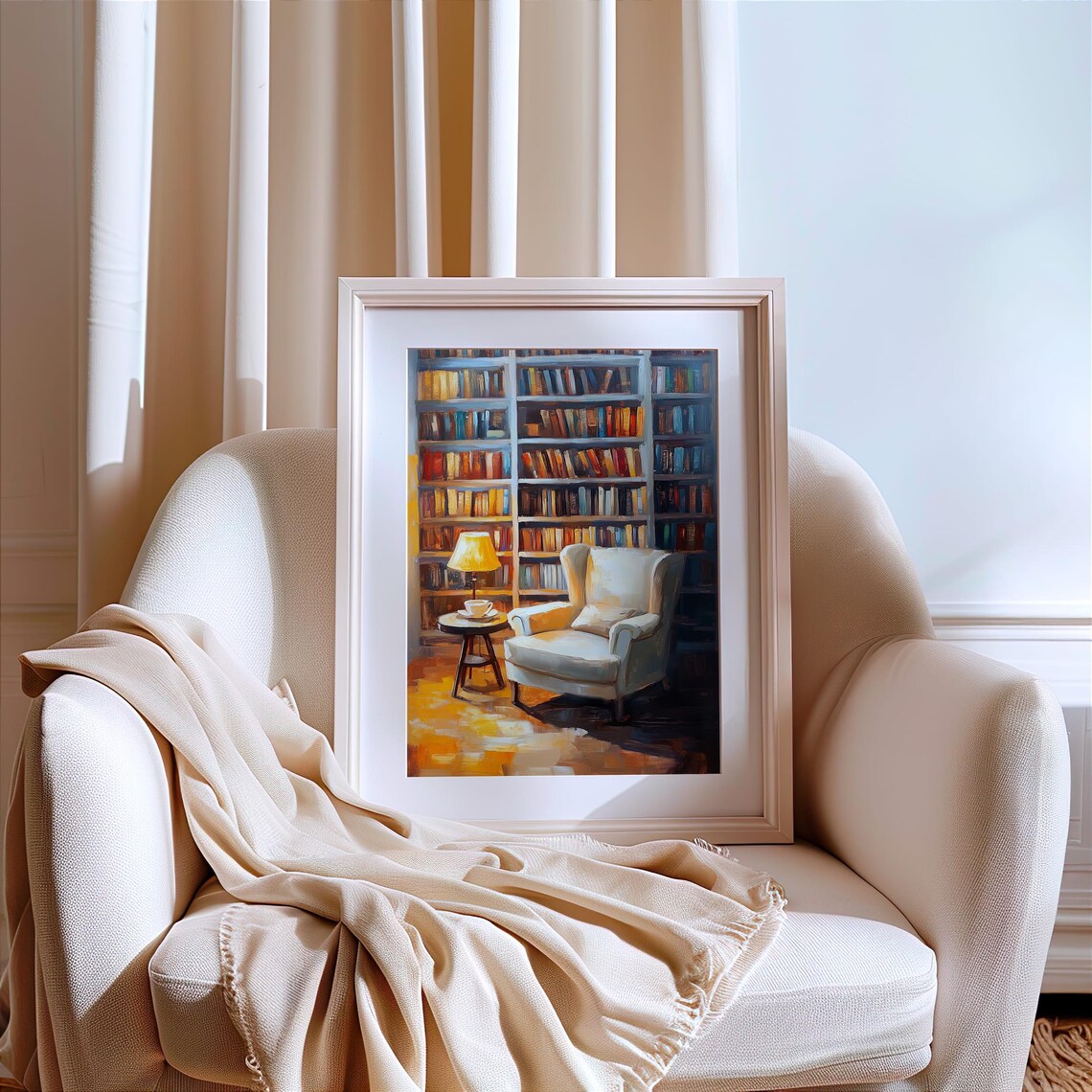 Cozy Reading Nook Armchair Library Oil Painting Book Decor Poster - Image 3