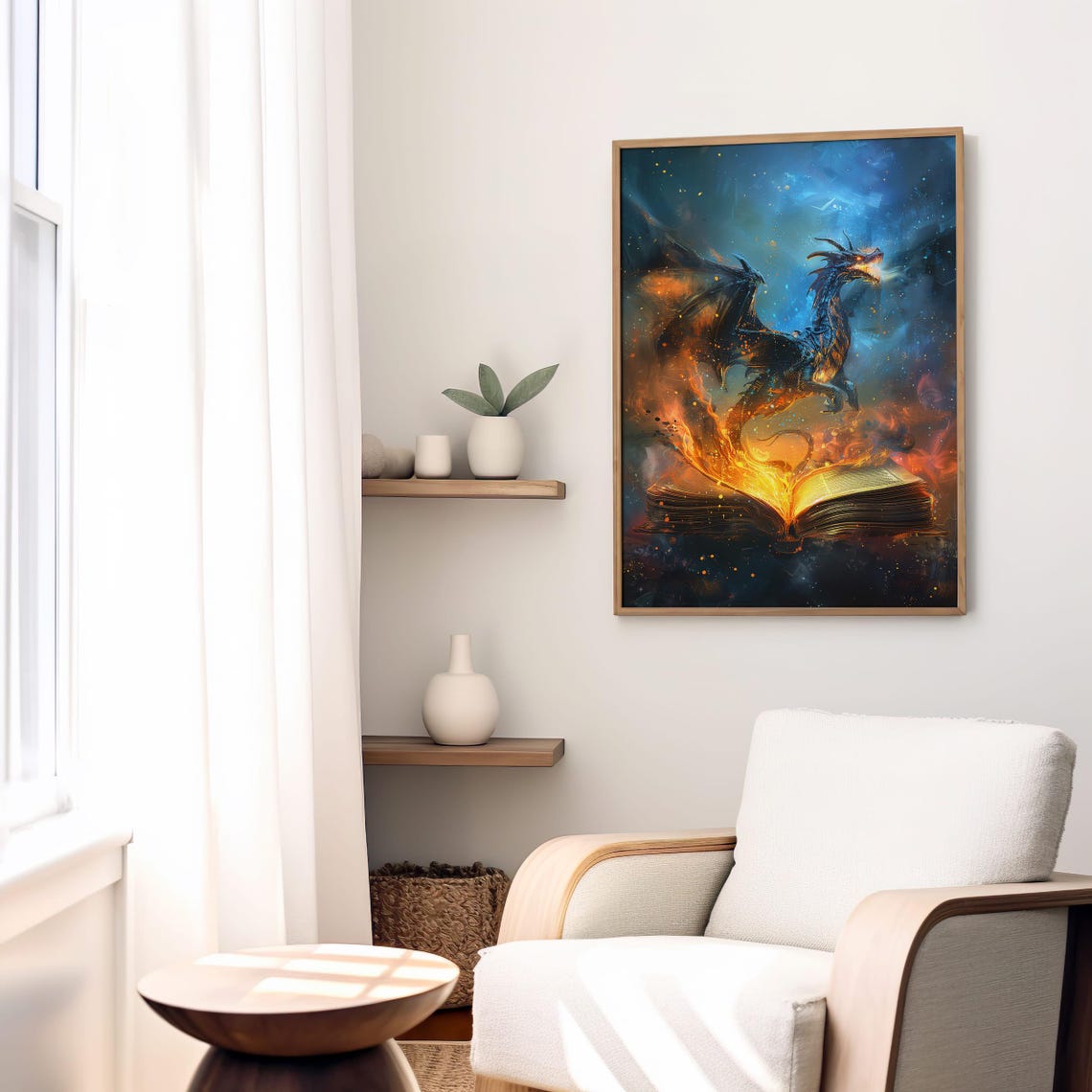 Fiery Dragon Emerging from Burning Open Book Fantasy Magic Art Poster - Image 4