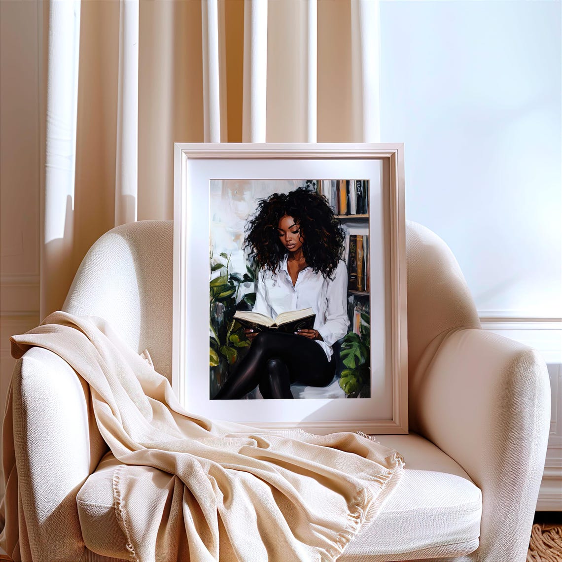 Black Woman With Natural Curls Reading Cozy Bookish Art Poster - Image 6
