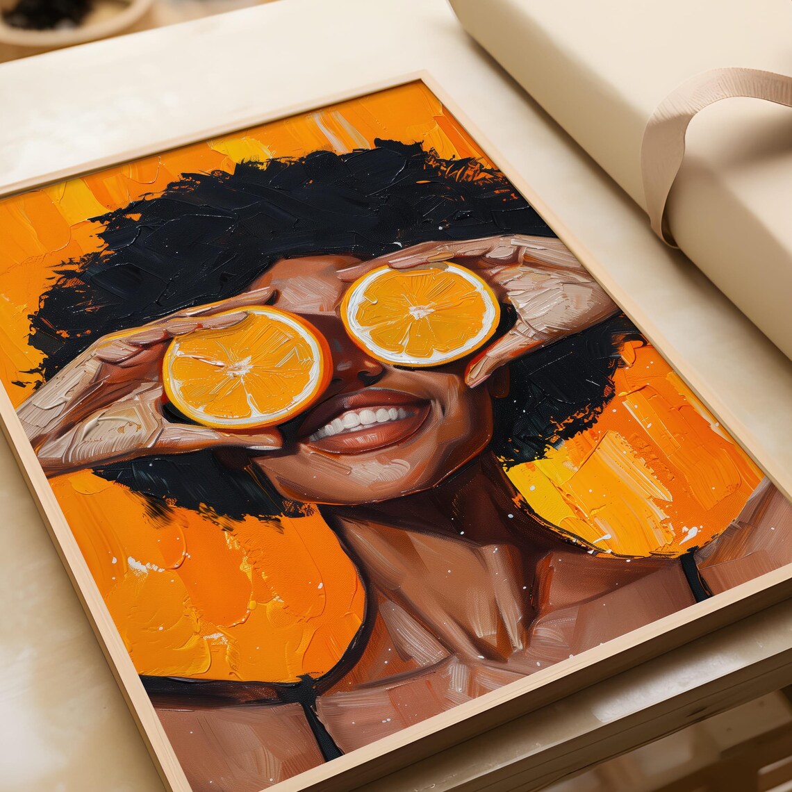 Vibrant Black Woman Holding Orange Slices Over Her Eyes Poster - Image 5
