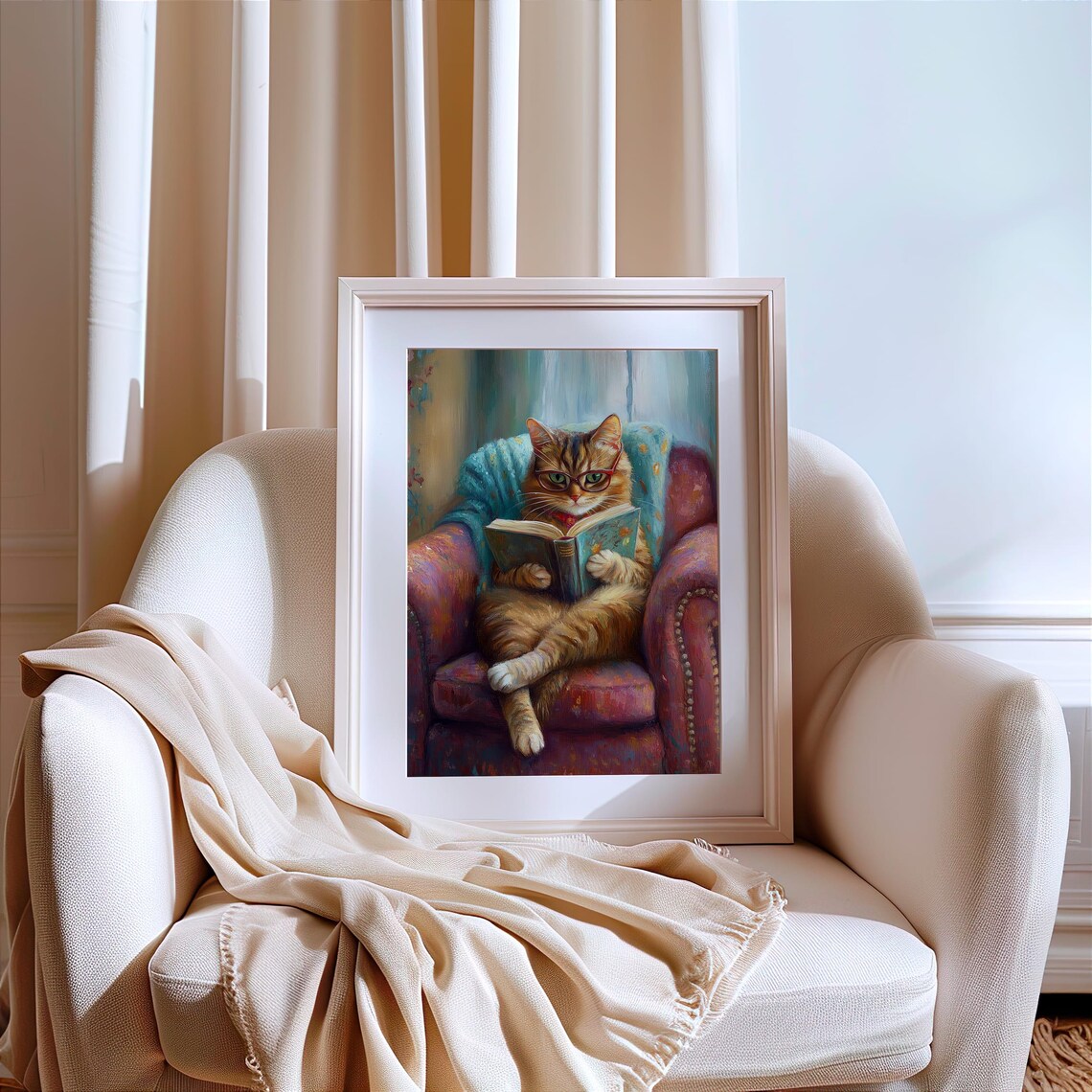 Cozy Cat Reading Art Print, Cute Home Library Decor - Image 3