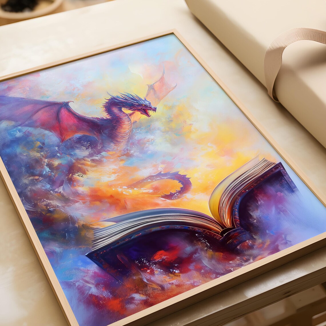Crimson Dragon Soaring From Open Book Colorful Fantasy Art Poster - Image 5