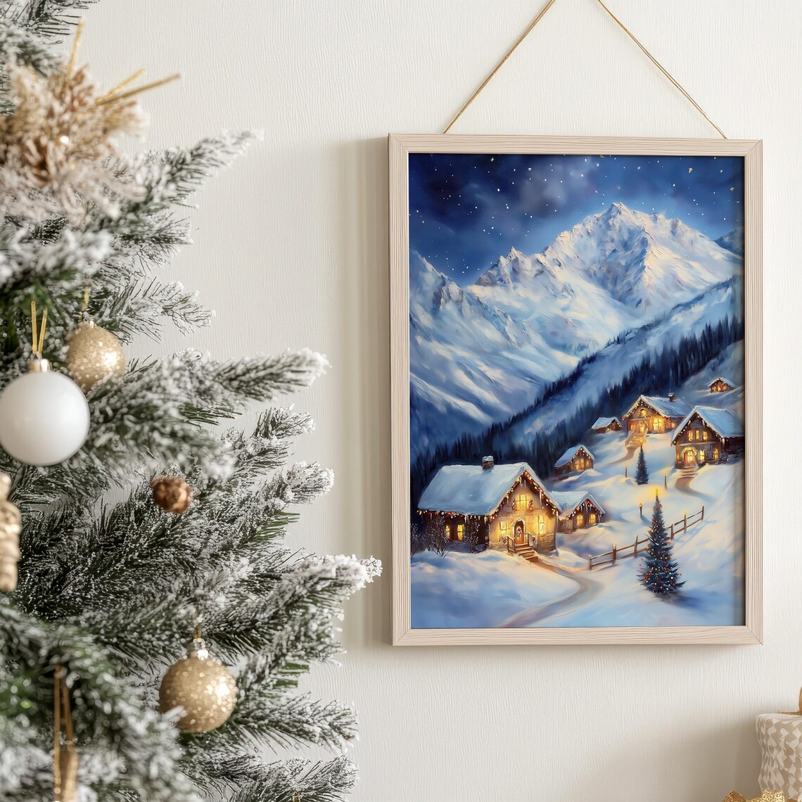 Christmas Alpine Village at Night with Decorated Tree and Cabins Poster - Image 7