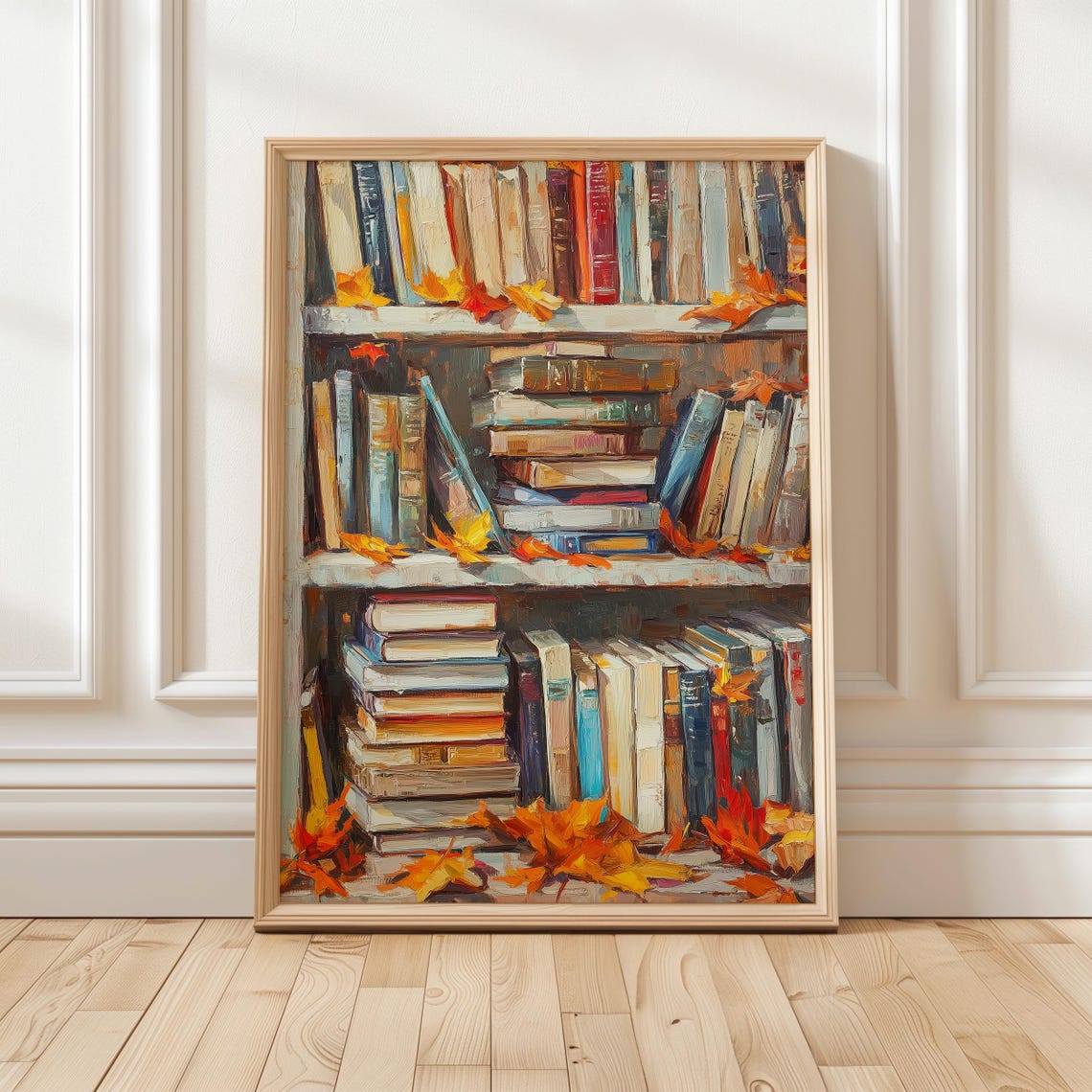 Autumn Bookshelf Painting With Fall Leaves Cozy Library Poster