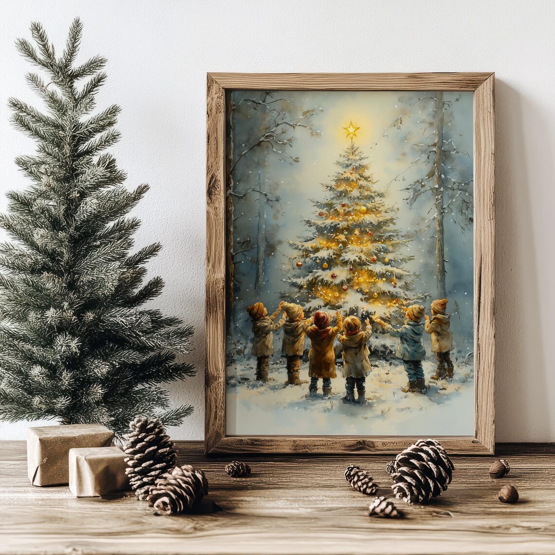 Six Children Around Glowing Christmas Tree Snowy Woods Poster - Image 2