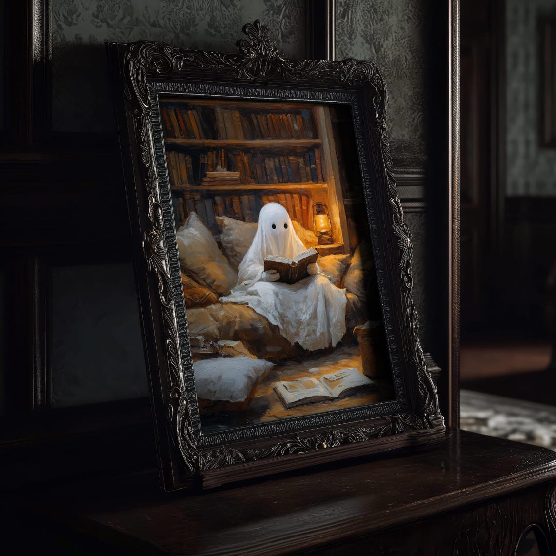 Cozy Ghost Reading Book in Spooky Library Halloween Art Poster - Image 5