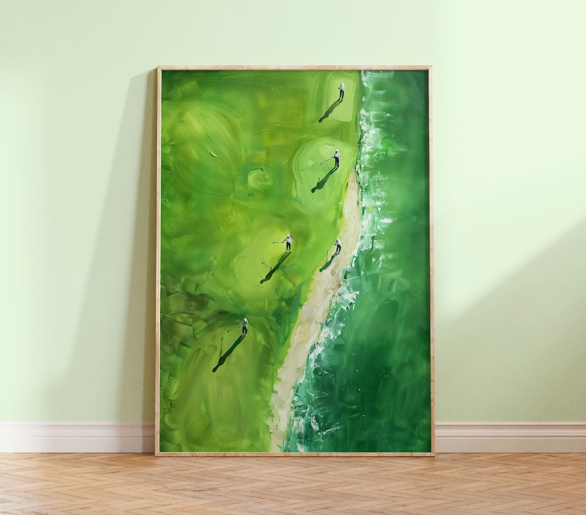 Aerial Coastal Golf Course Painting Green Links Golf Art Poster