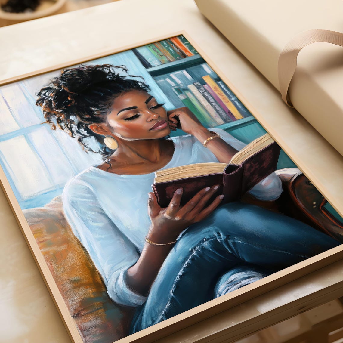 Beautiful Black Woman Reading Book by Window Cozy Library Scene Poster - Image 7
