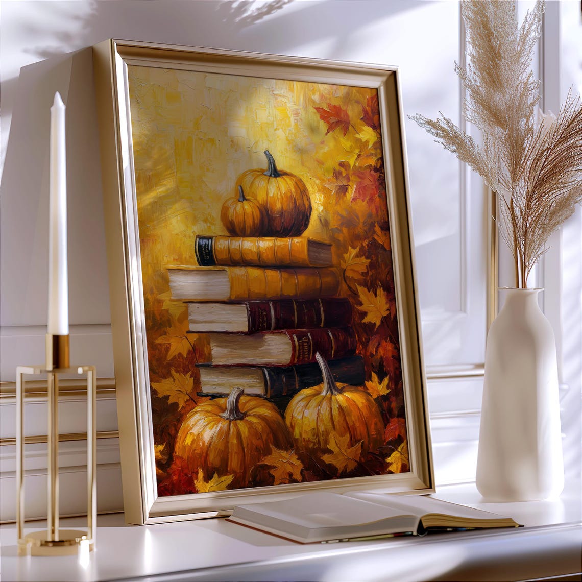 Pumpkin and Book Stack Golden Autumn Leaves Still Life Fall Art Poster - Image 3