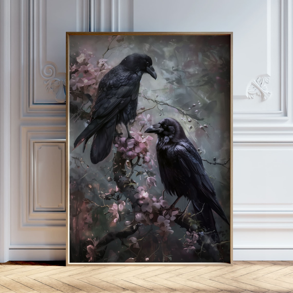 Victorian Gothic Raven Art Print, Dark Floral Decor