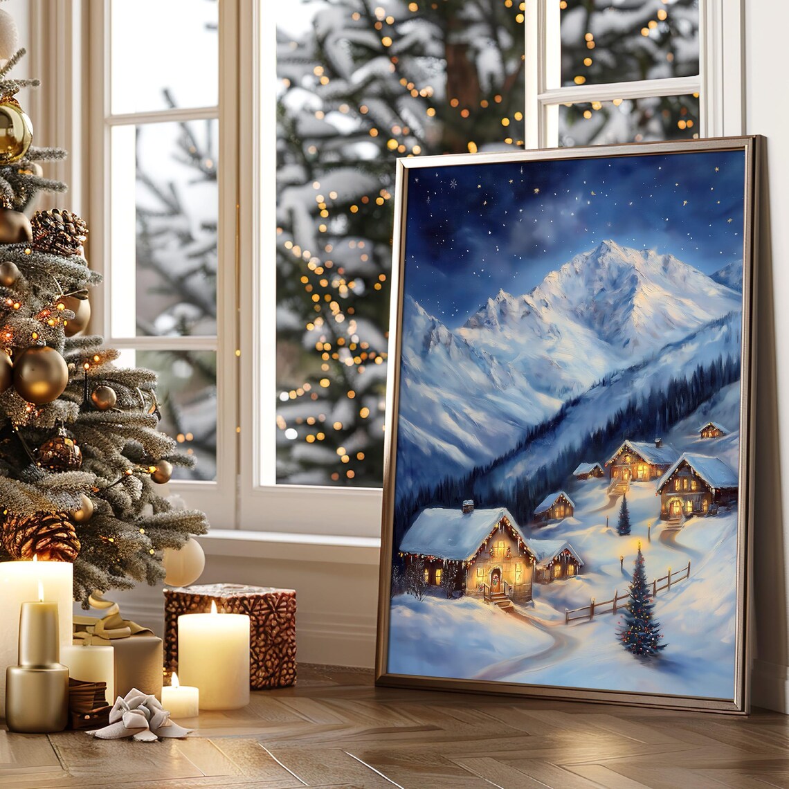Christmas Alpine Village at Night with Decorated Tree and Cabins Poster - Image 4