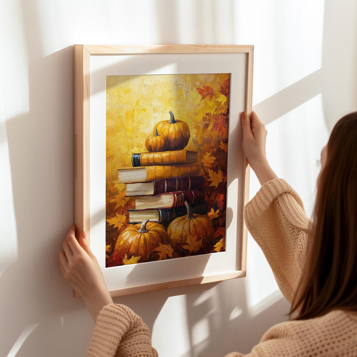Pumpkin and Book Stack Golden Autumn Leaves Still Life Fall Art Poster - Image 7