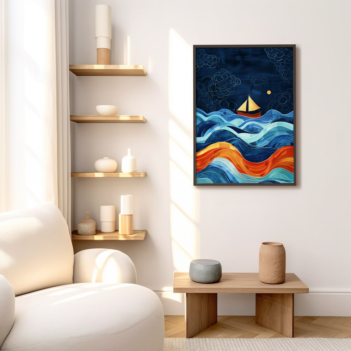 Golden Sailboat Night Waves Stylized Ocean Seascape Art Poster - Image 8