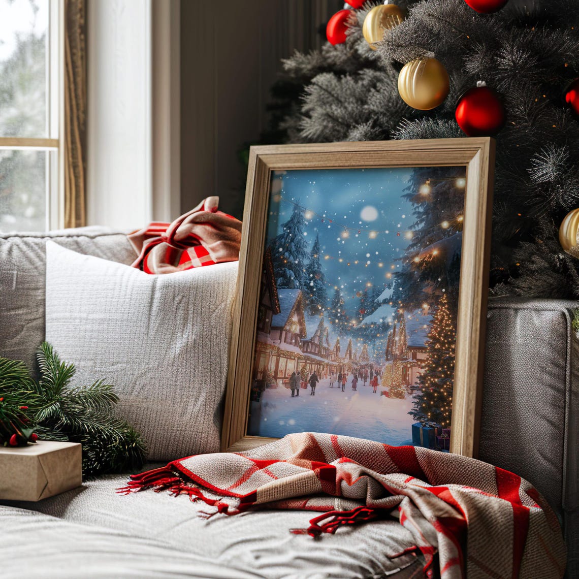 Christmas Village Art Winter Wonderland Printable Snowy Street Scene Holiday Season Wall Art Festive Town Decor Christmas Lights Print - Image 2