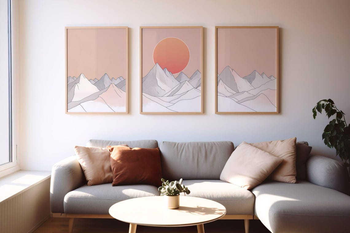 Set of Three Minimalist Line Mountain Art with Blush Sunset Poster - Image 6